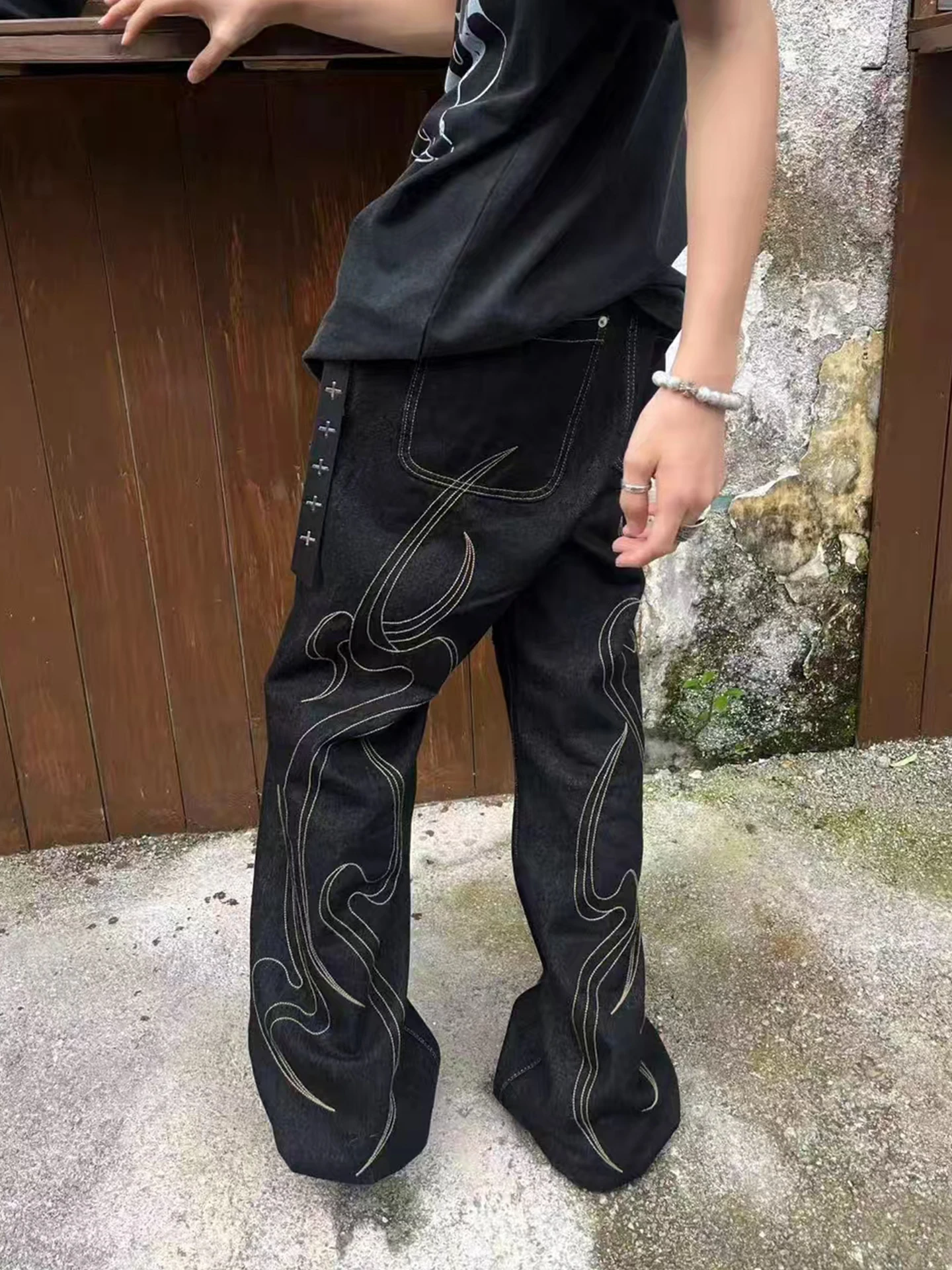 

Мужские джинсы свободного кроя с вышивкой, прямые повседневные брюки для весеннего сезона, средняя посадка, с машинной вышивкой