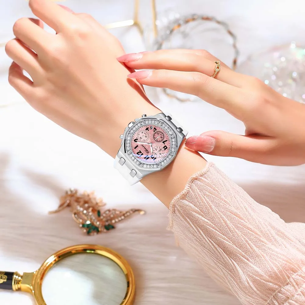 CHENXI Women's Multifunctional Watch  Diamond-Accented, Moon Phase Chronograph True Three-Eye Subdials Waterproof  Wristwatch