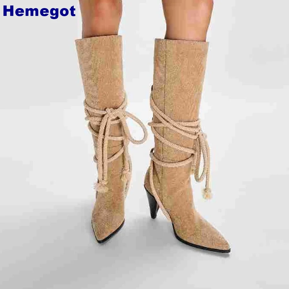 

Pointed Toe Strap Knee-High Boots Autumn Retro Thick High Heel Suede Knight Boots Solid Color Casual Office Ladies 35-42 Boots