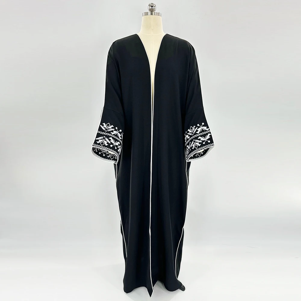 Muslim Hijab Abayas For Women Arab Ramandan Eid Black White Embroidery Open Modest Abaya Dubai  Kaftan Dresses Islamic Clothing