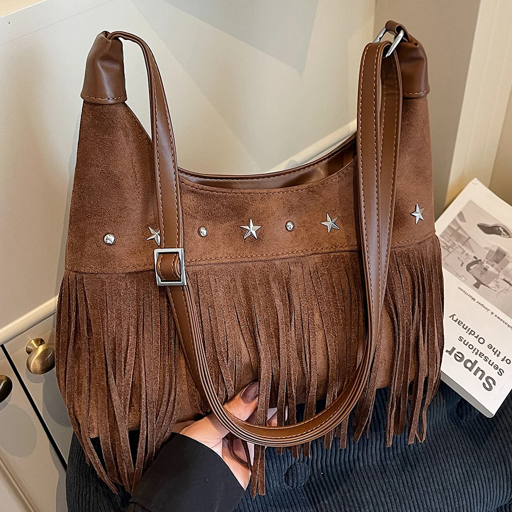 

Retro Frosted Suede Tassel One Shoulder Bag Women Autumn Winter Vintage Rivet Zipper Large Capacity All-Match Crossbody Bags