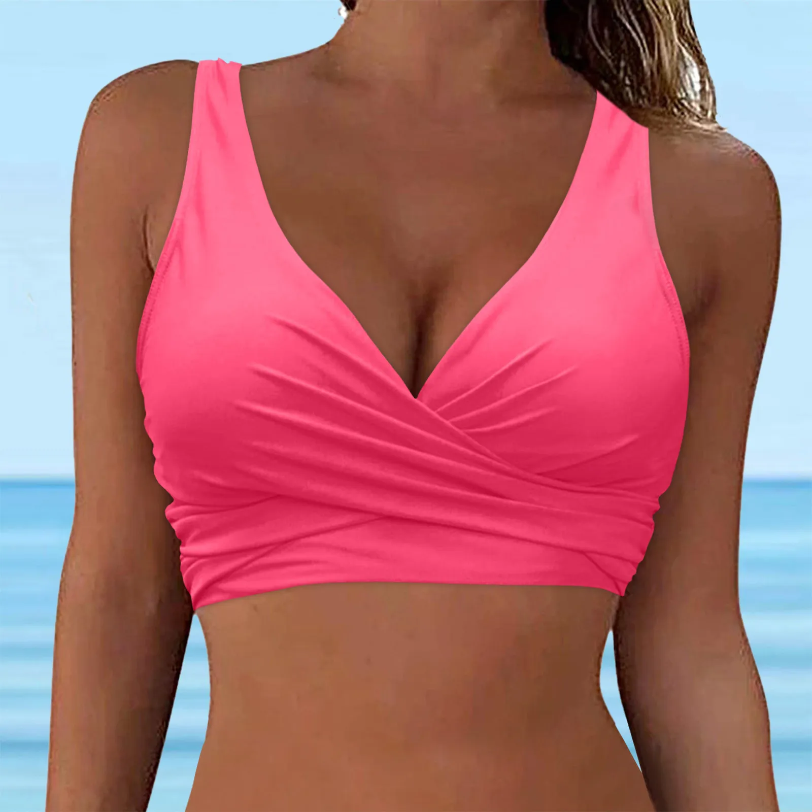 Women's Lace Up Swimwear Tops Underwire Full Coverage Bikini Tops Push Up V Neck Swim Crop Top Solid Color Bathing Suits