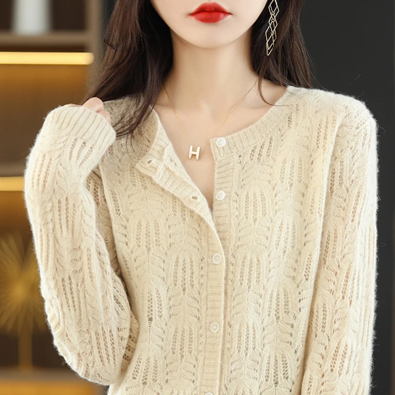 Spring/Autumn Thin Section Knitted Wool Cardigan Women\'s Long-Sleeved Top Loose Hollow Jacket Fashion Cashmere Women\'s Clothing