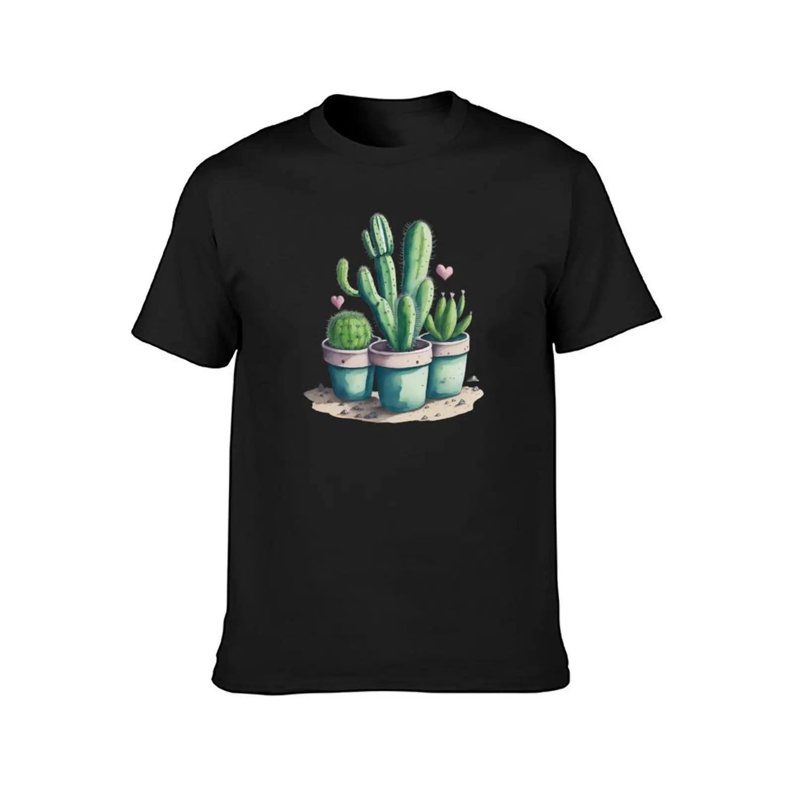 Three cute cacti with hearts in vintage clay pots. T-Shirt customizeds funnys sweat black t shirts for men