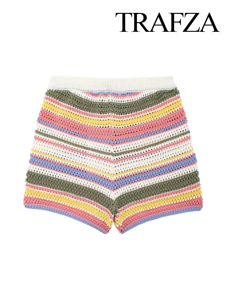 TRAFZA Women Fashion Multicolor Stripe High Waist Chic Shorts Woman Summer Knitted Elastic Waist Slim Casual Shorts Streetwear