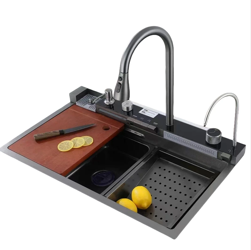 

Kitchen Sink with Waterfall Faucet Stainless Steel Large Single Slot Bionic Honeycomb Black Wash Basin