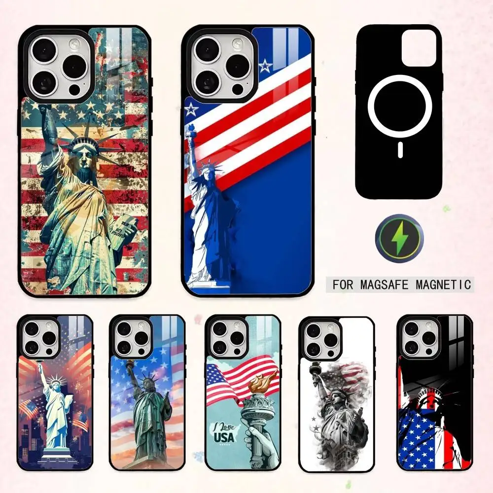 

America U-USA Flag Statue L-Liberty Phone Case For iPhone17,16,15,14,13,12,11,Pro Max Magnetic For Magsafe Wireless Charging