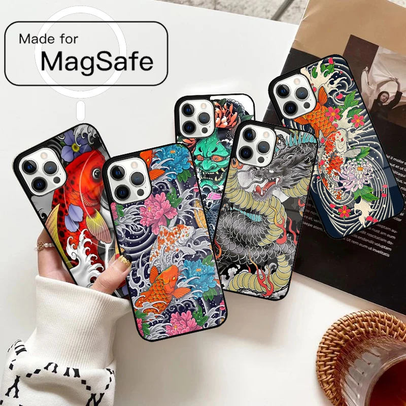 الوشم الياباني كوي التنين موجة المغناطيسي قضية الهاتف آيفون 17 الهواء 16e 12 13 14 15 برو ماكس Magsafe غطاء لاسلكي