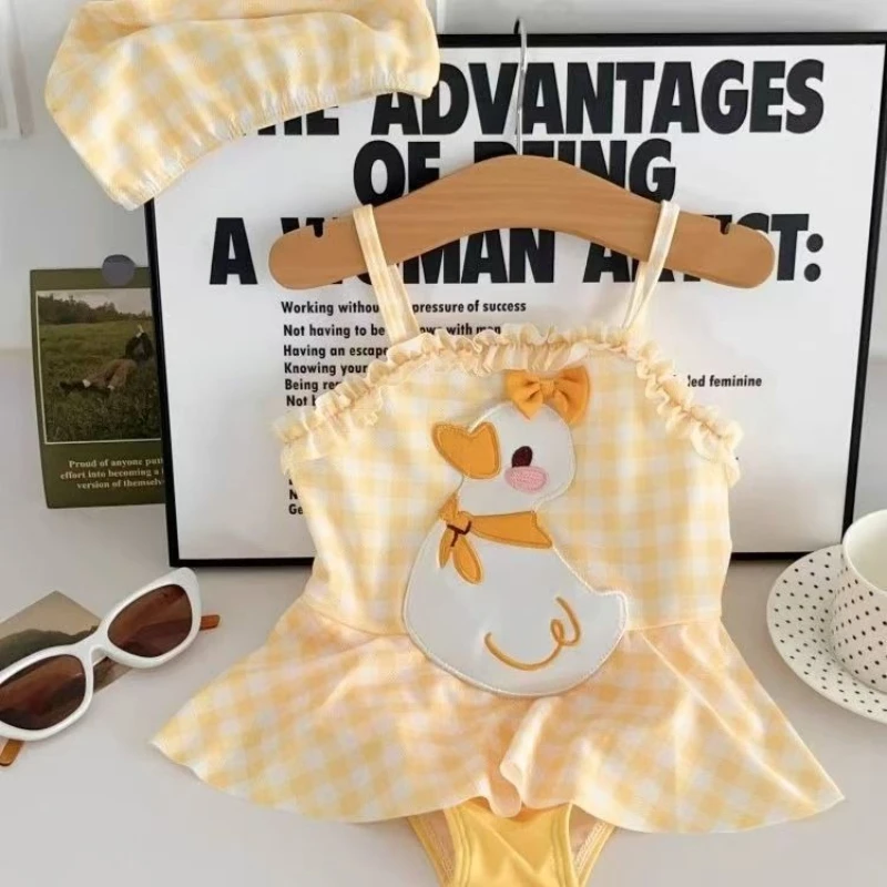 

2026 Summer Girls' New Beach Yellow Duck Color Blocked Checkered Strap Swimsuit