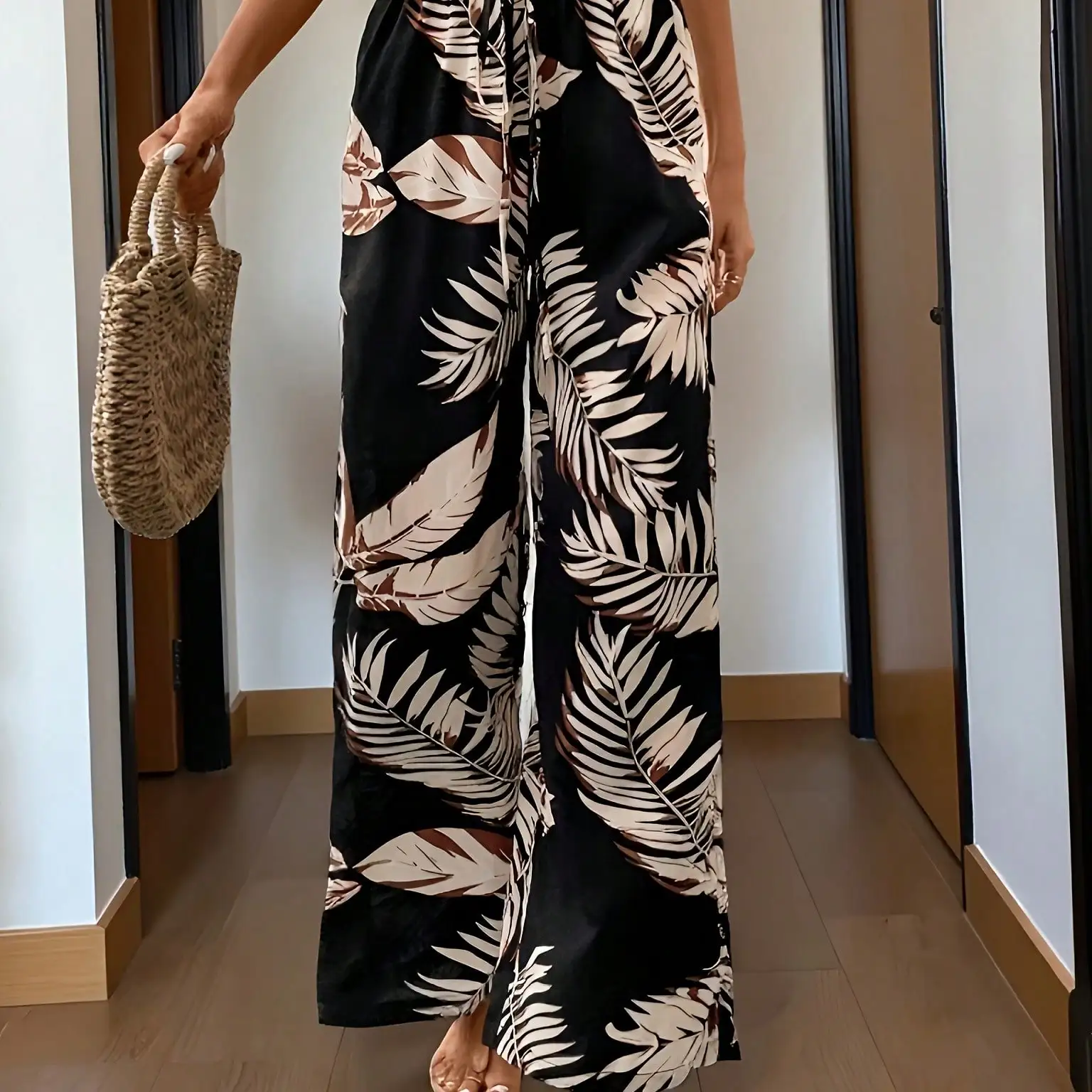 Bohemien-Stil, lässig und elegant, weites Bein-Design, elastischer Bund, mit Blattmuster, locker und bequem. – Detail 6