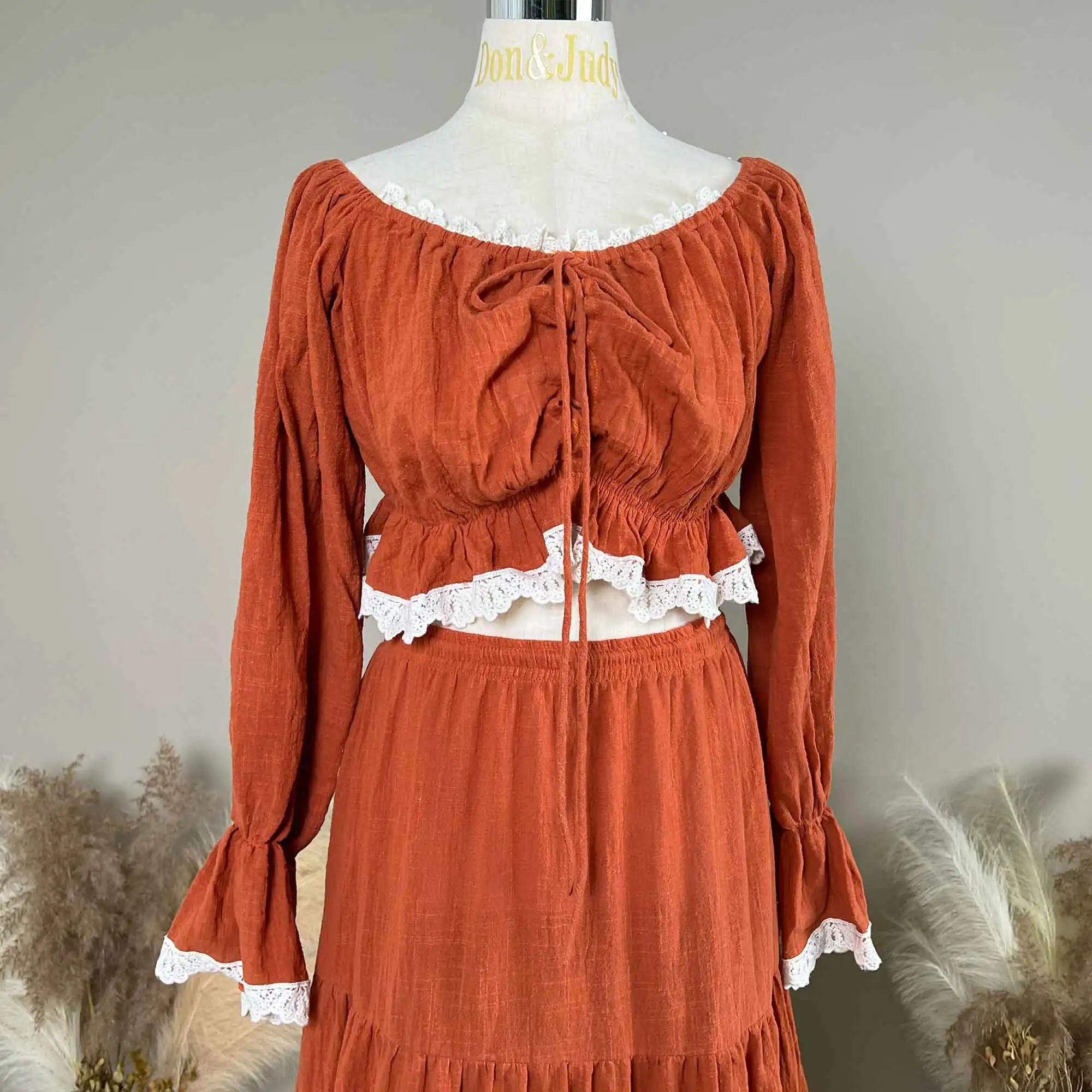 

Don&Judy Terracotta Cotton Trimmed Hem Long Sleeve Two-Piece Set Maternity Gown for Maternity and Non Maternity Photo Prop