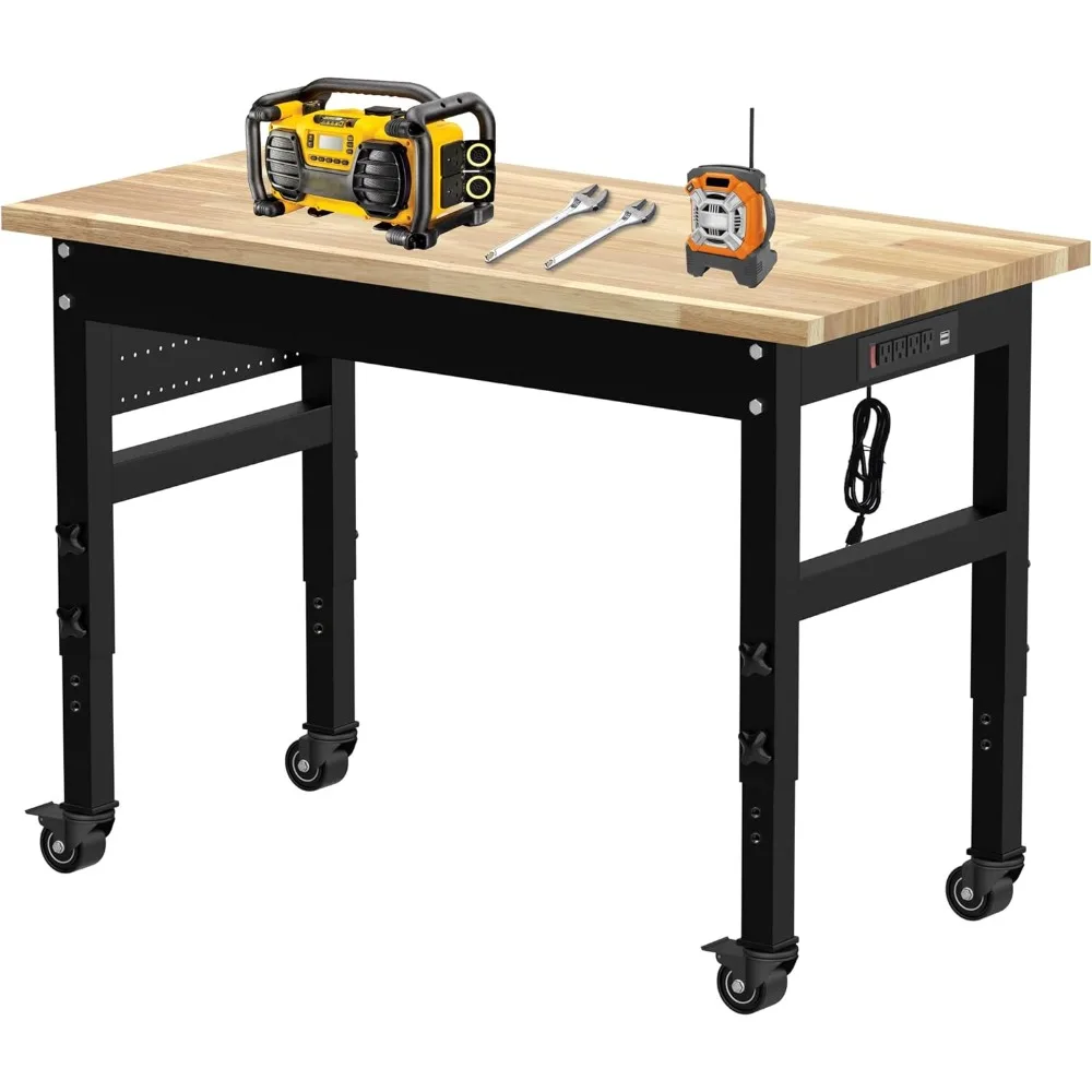 

48" Adjustable Workbench, Multifunctional Rolling Heavy Duty Workbench with Wheels, Rubberwood Countertop for Garage,