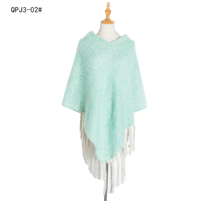 Spring Autumn Loop Yarn Women's Solid Shawl Thick Tassel Warm Fashion Street Travel Pullover Poncho Lady Capes Green Cloaks