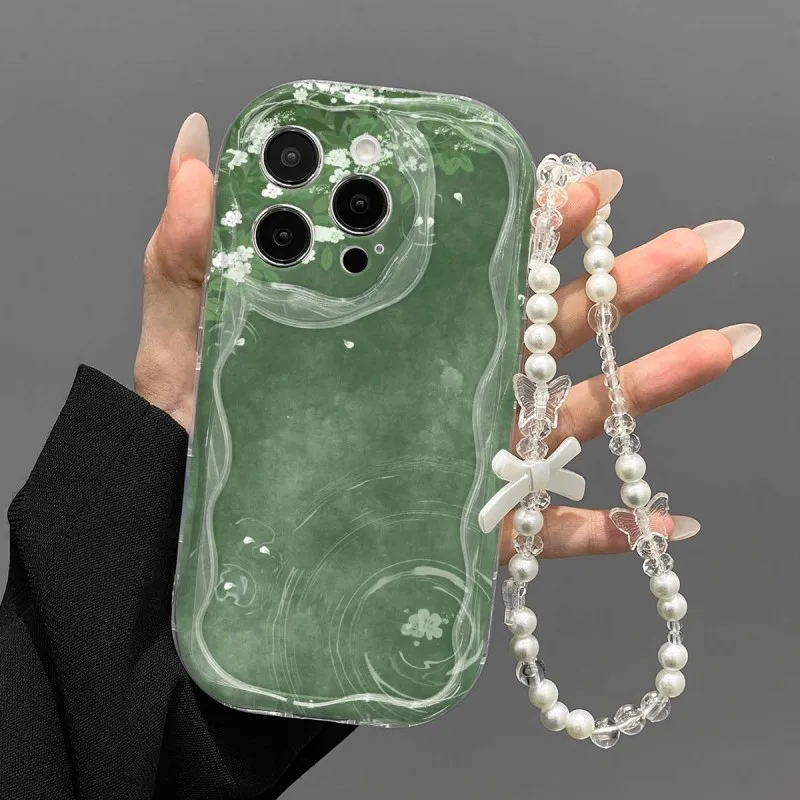 Bead Lanyard Ripple Border Case Green Flower For Samsung Galaxy S26 Ultra S25 S24 S23 + A57 A37 A56 A16 A06 A17 A15 A07 4G Cover