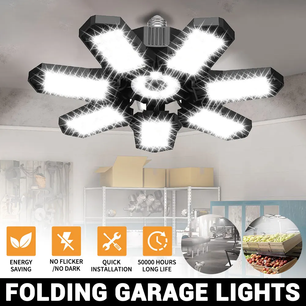 لمبة أضواء المرآب LED لإضاءة السقف القابلة للتشوه، 6500K Shop Light مع 7 + 1 لوحات قابلة للتعديل LED إضاءة المرآب شريط الطابق السفلي