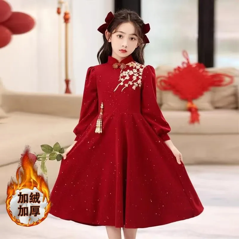 

New Autumn and Winter Style Elegant Chinese Style Dress for Girls, Fashionable Red New Year Dress for Students