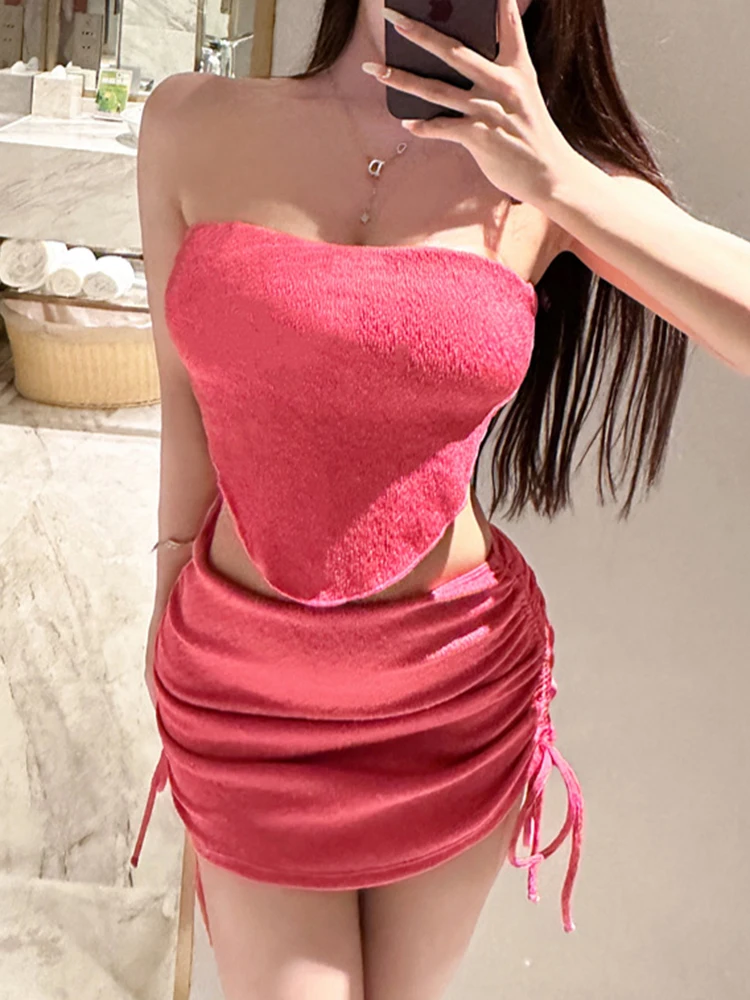 OIINAA Costumi da bagno sexy Donna Halter Bikini Set Tre pezzi Shirring Backless Solid Costume da bagno Estate Moda femminile Biquinis