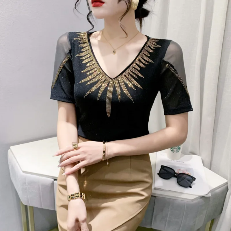 #5415 Black Blue Mesh T Shirt Women V-neck Diamonds Sexy Skinny Office T-shirt Short Sleeve Spliced Mesh Off Shoulder Summer2023