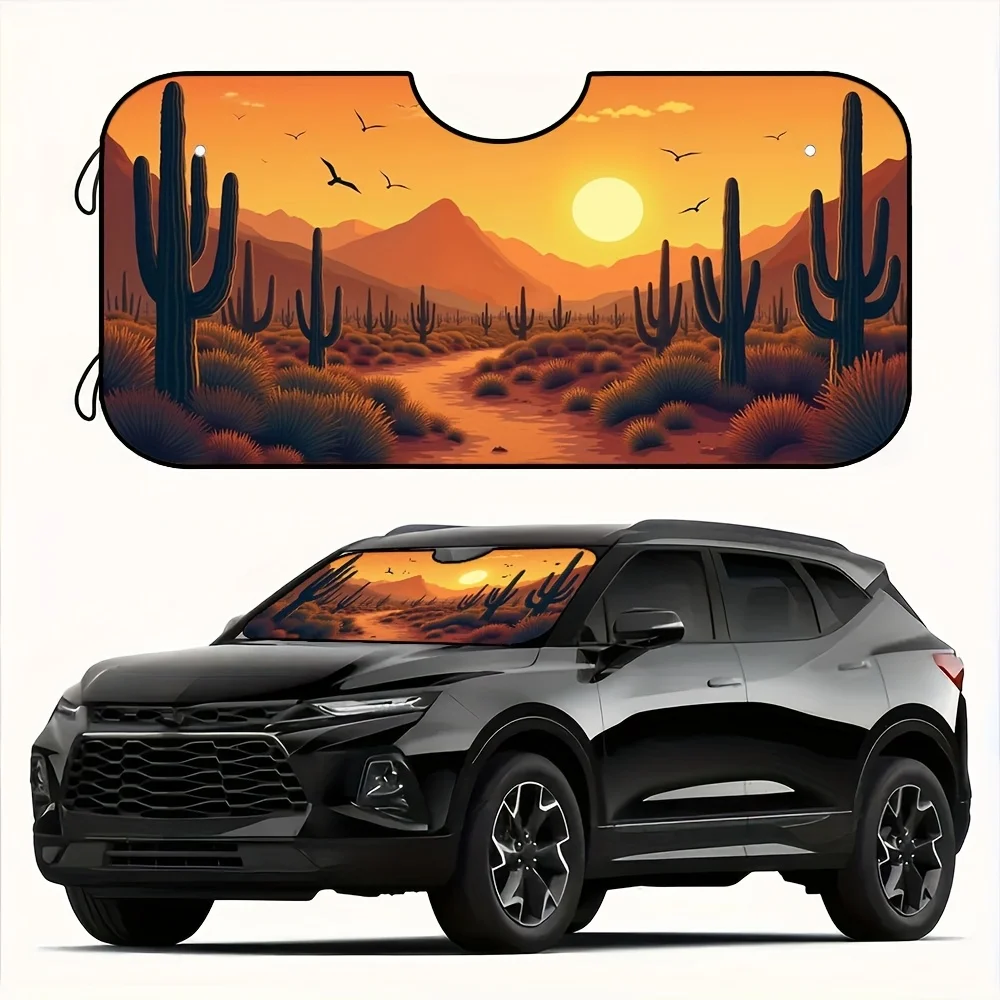 1pc, Portable Western Cactus Sunset Desert Foldable Front Window Windshield Sun Visor Car Sunshade Sun Shade Car Accessories