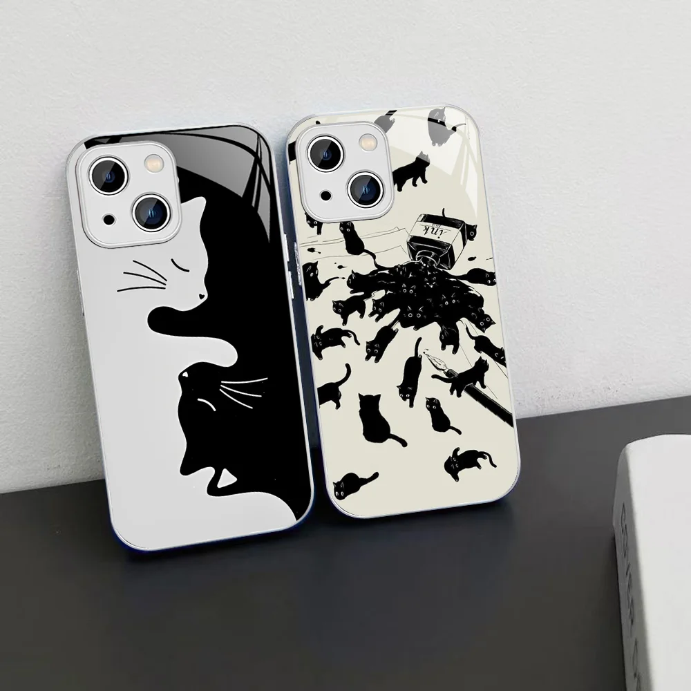 

Cartoon Cat Painting Phone Case For iPhone 14 13 12 Mini 11 Pro XS Max X XR 14 Plus Tempered Glass Cover