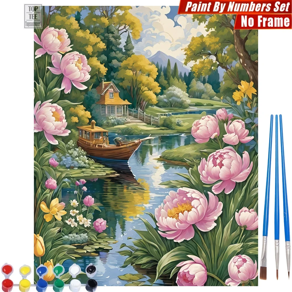 

Набор цифровых масляных красок «Деревянная лодка на реке» - Плавающие цветы на фоне спокойной воды, расслабляющие занятия, подарок на День отца для папы