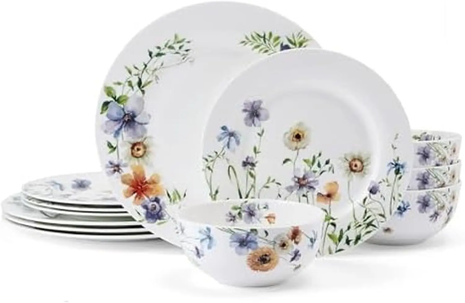 Bone China Dinnerware Set, 12-Piece Service for 4, Watercolor Floral Design, Lightweight Chip Resistant, White