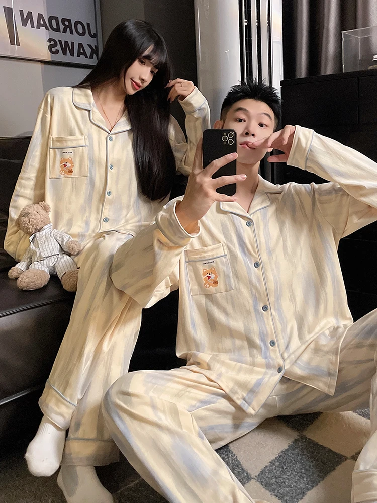 

DAIMELU sleepwear suit spring autumn couple pajamas women's pure cotton long-sleeved nightwear high-end men's loungewear set