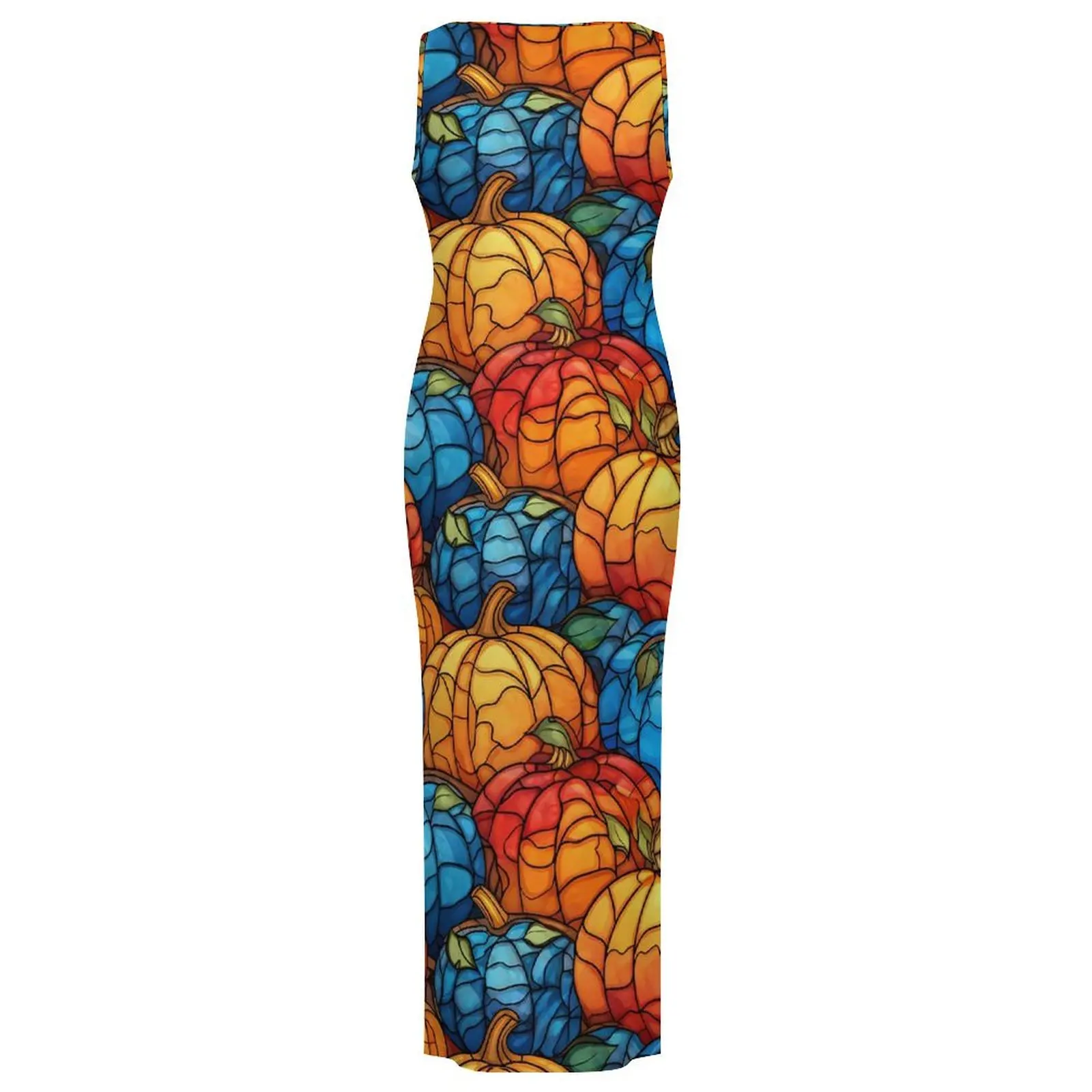 Abito con zucche in vetro colorato senza maniche blu e arancione Abiti lunghi alla moda Abito aderente casual Lady Graphic Vestido di grandi dimensioni