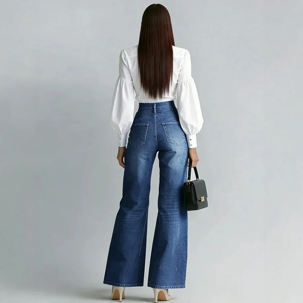 Kadın Şık Çift Altın Fermuarlı Denim Kot Pantolon Günlük Yüksek Bel Vintage Düz Paça Geniş Bacaklı Sokak Modası Denim Pantolon