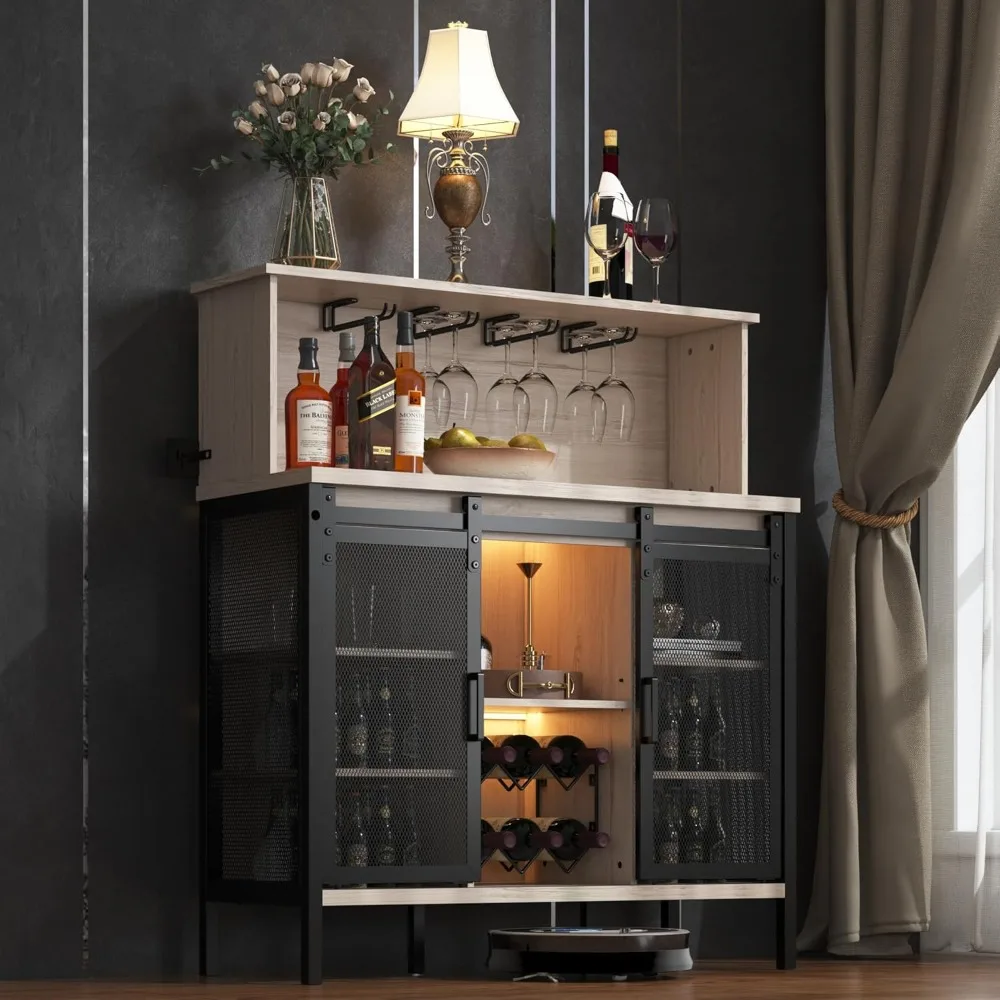 

Coffee & Wine Bar Cabinet with Sliding Barn Door, Farmhouse Buffet Cabinet with Wine Rack & Glass Holder, Led Storage Cabinet