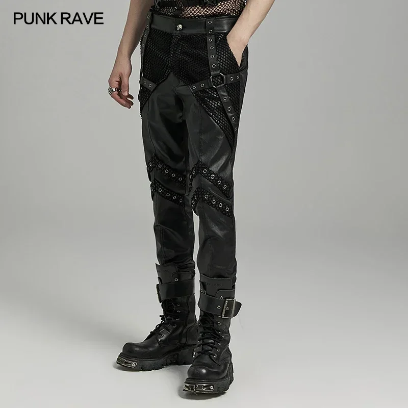 PUNK RAVE Men\'s Punk Style Handsome Twill Woven Fabric & Mesh Pants Personalized Small Leg Trousers Streetwear Men Clothing