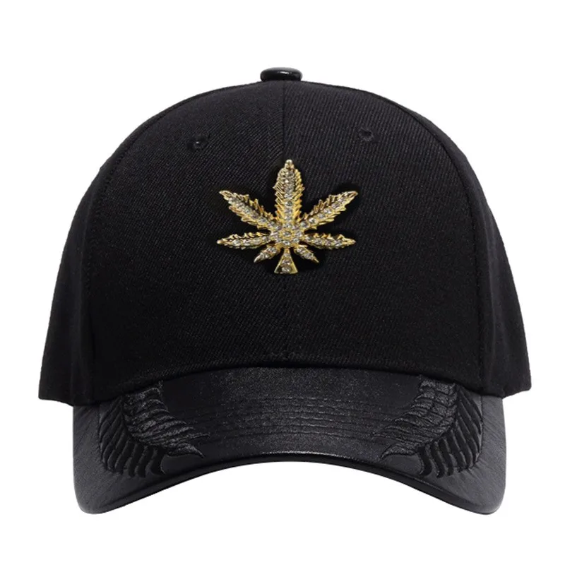 

Metal Crystal Golden Weed Baseball Cap Cotton Graffiti Hats Adjustable Casual Hip Hop Flat Brimmed Baseball Cap Snapback Black