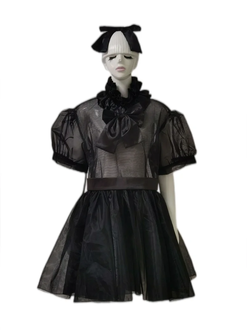 

French Sissy Maid Lockable Lovely Fluffy Gothic Black Organza Dress Uniform Role-playing Costume Customization