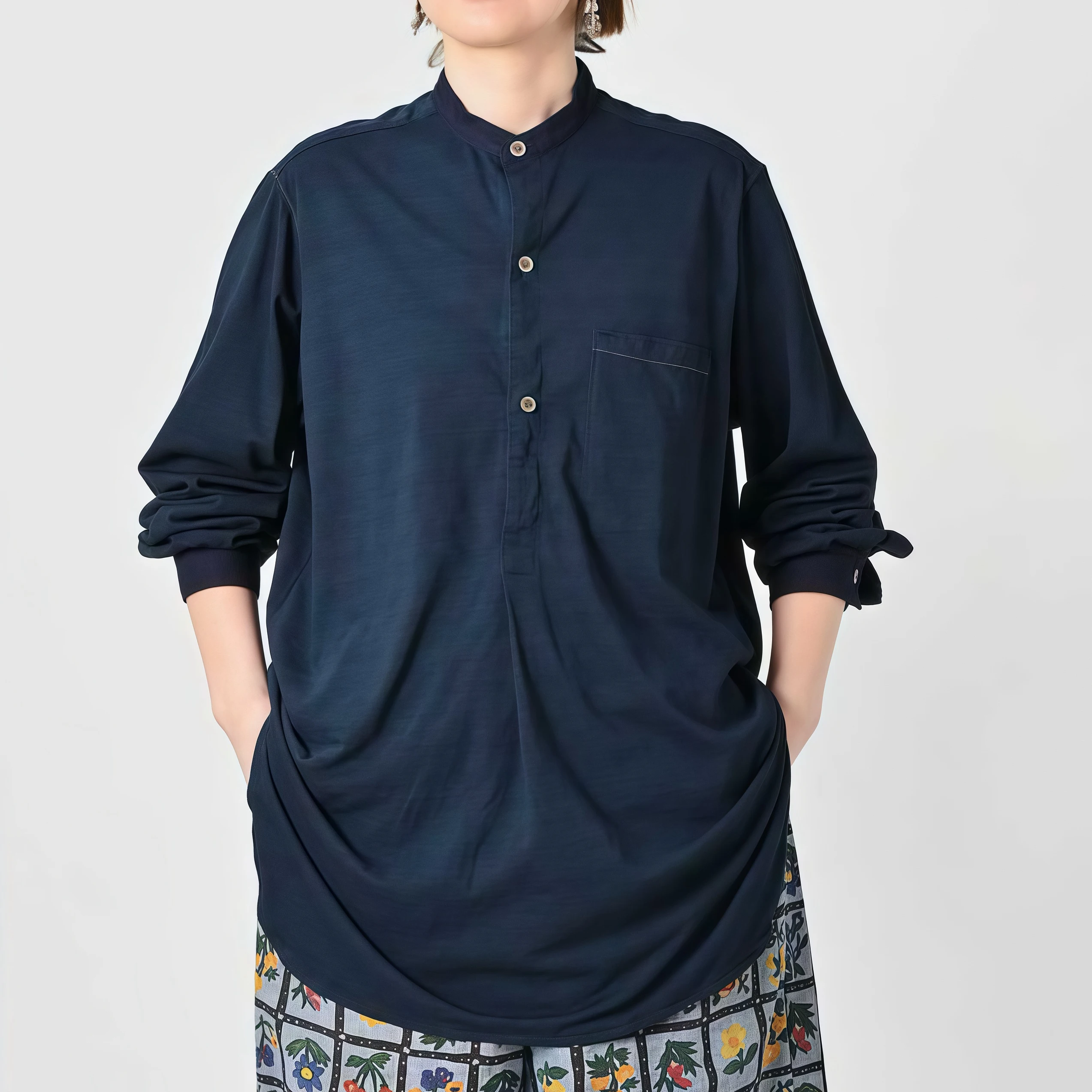 

Japanese Style Spring Collection 3 Button Retro Denim Shirt Women's Loose Fit Pure Cotton Long Sleeve round Neck Top