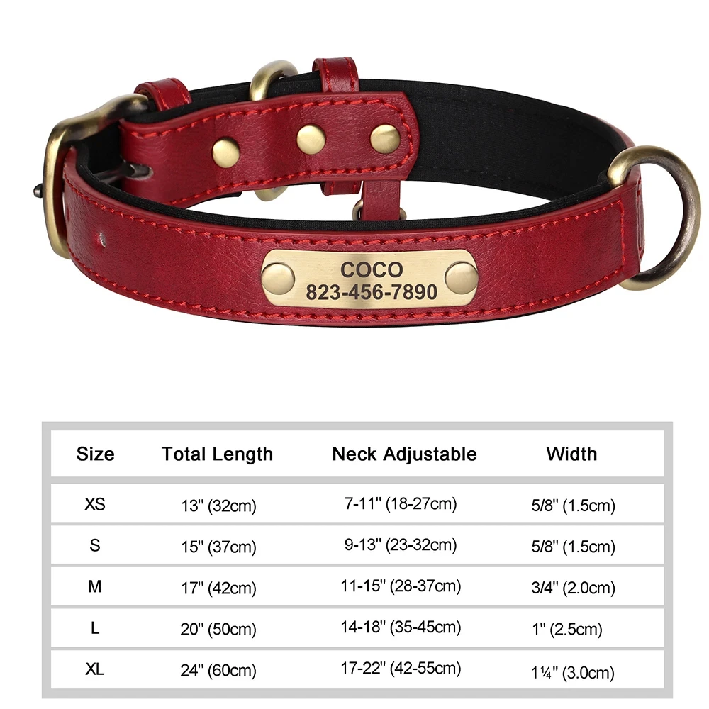 Personalisiertes, individuelles Hundehalsband aus Leder mit Namensschild, weich gepolstert, mit kostenloser Gravur des Namens für kleine, mittelgroße und große Hunde