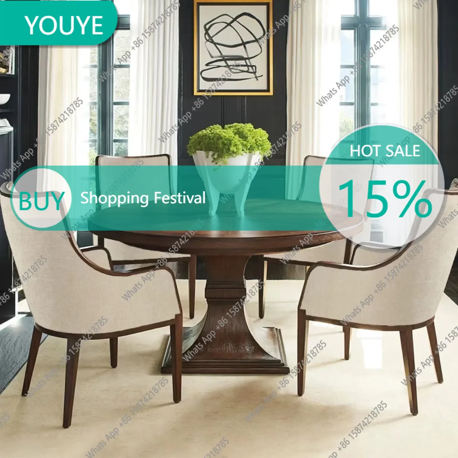 

H-MX American Light Luxury Solid Wood Dining Table Retractable Multi-functional Round Dining Table Retro High-end Custom Dining