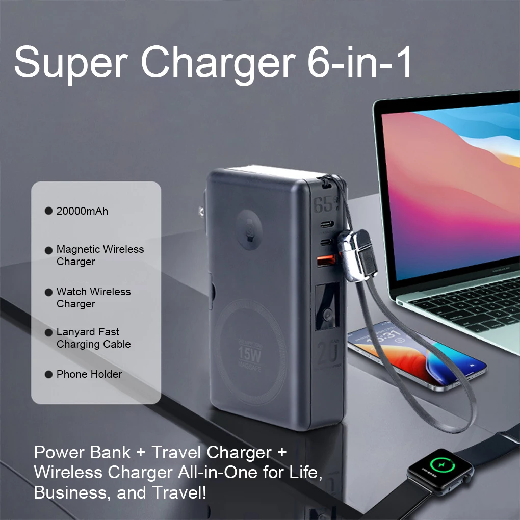 

20000 мАч 65 Вт Power Bank для ноутбука Macsafe Беспроводное зарядное устройство для iPhone Apple Watch Зарядное устройство Вспомогательный аккумулятор большой емкости