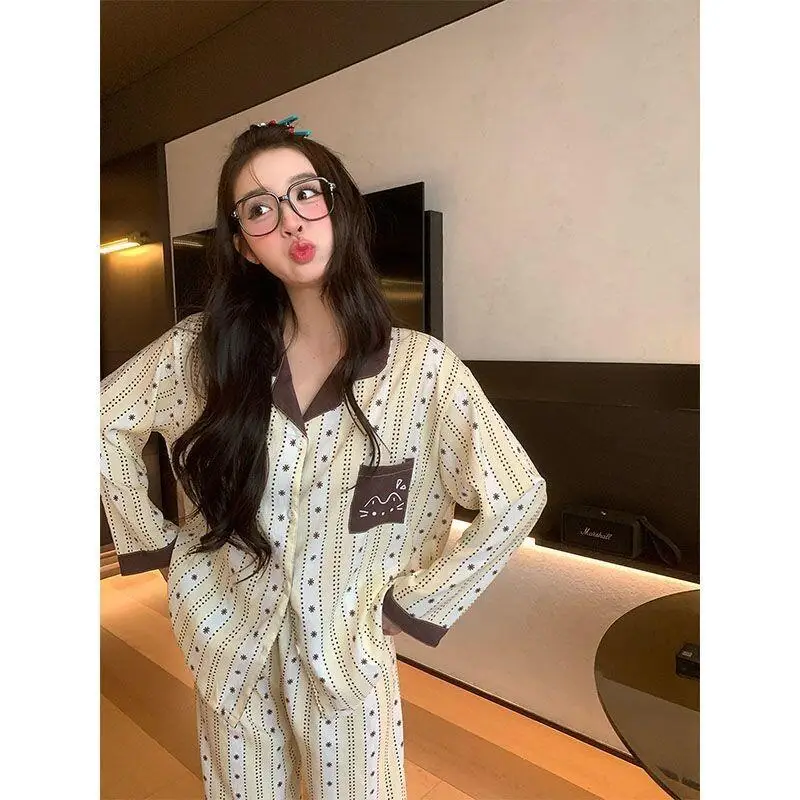 Women's Pajama Set Fashion Homewear Cartoon Contrast Color Pocket Printing Cotton For Women Home Wear Spring 2026 New Casual