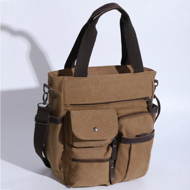Vintage Canvas Men Crossbody Bag Multi Pocket Casual Shoulder Bag Large Capacity Daily Commute Tote Bag Outdoor Travel Handbag