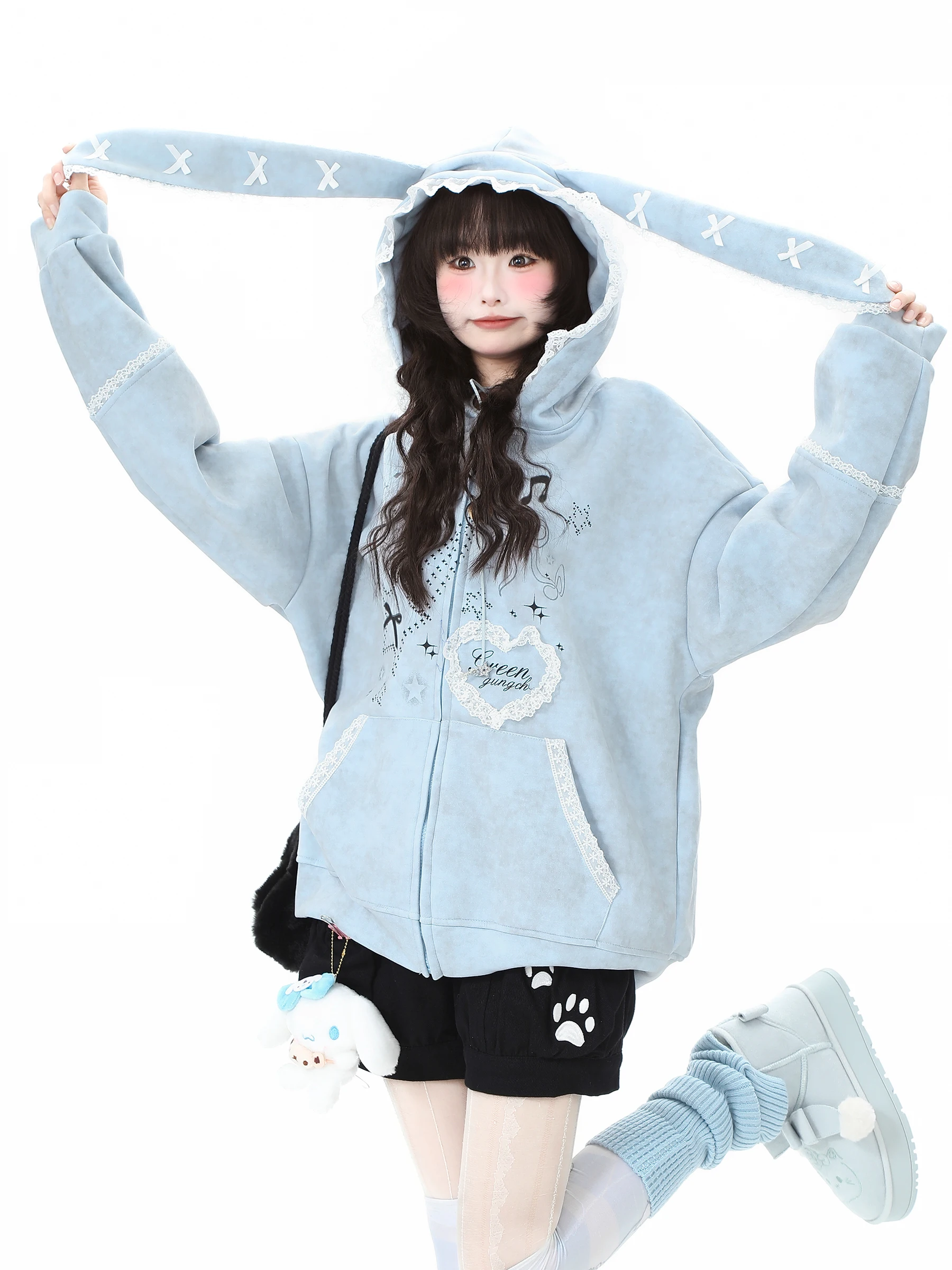 2025 Spring and Autumn New Style Bunny Ear Lace Blue Hooded Sweatshirt Jacket Women Loose Casual Pink White Gray Cardigan Top