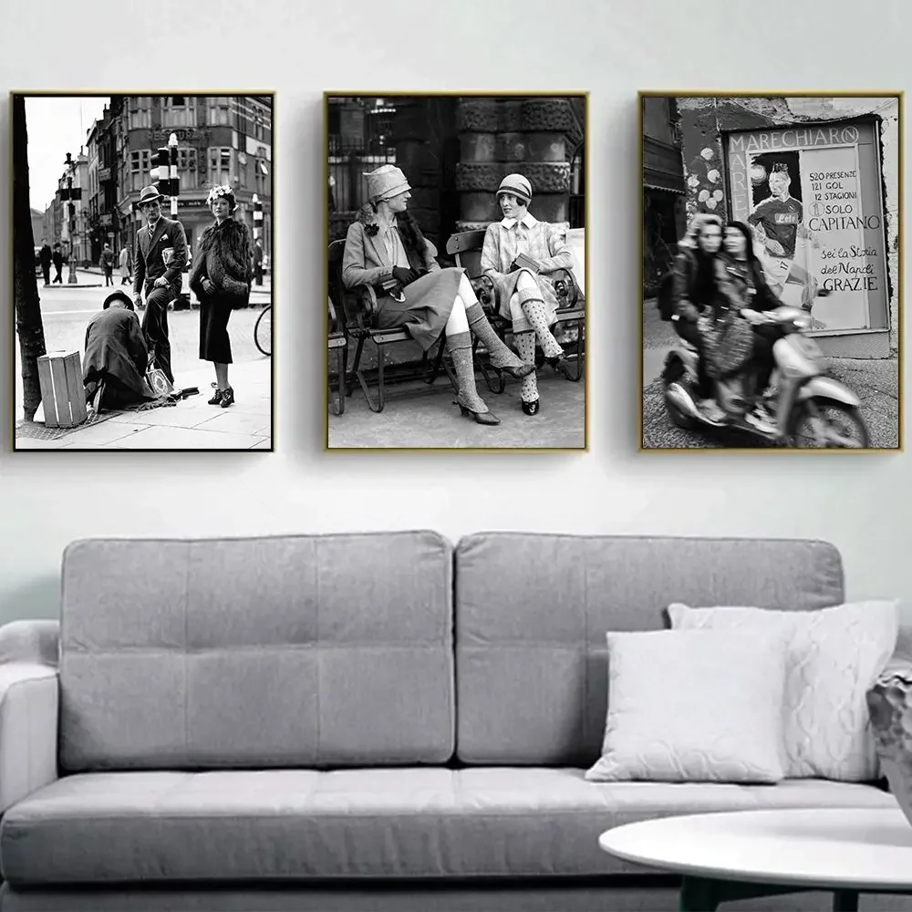 Fashion Black And White Vintage Photography Print Italy Paris Street Poster Wall Art Canvas Painting Pictures Living Room Decor