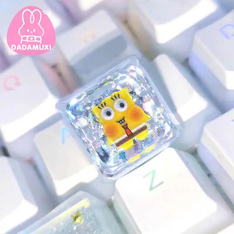 

Cartoon Kawaii Spongebob Squarepants Personalized Keycaps Single Translucent Resin Cross Axis Sequins Cute Keycaps