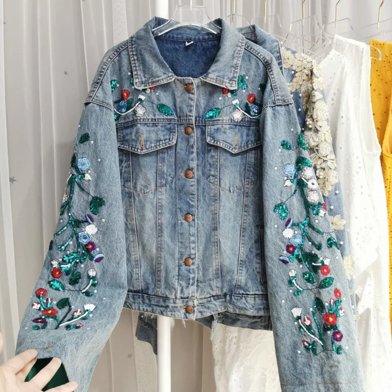 TEELYNN Floral Embroidery Denim Jackets for Women Vintage Long Sleeve Maxi Autumn Coats 2022 Casual Lapel Loose Jacket OutWear