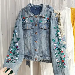 TEELYNN Floral Embroidery Denim Jackets for Women Vintage Long Sleeve Maxi Autumn Coats 2022 Casual Lapel Loose Jacket OutWear