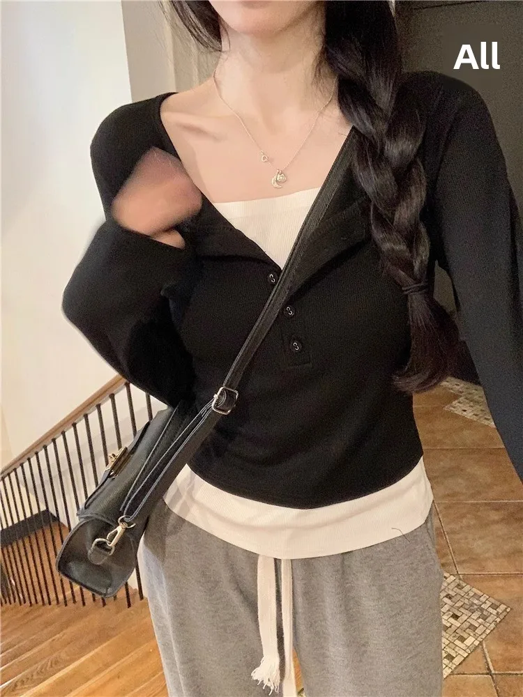 スリムフィット半袖Tシャツレディース長袖ショートスタイル秋シーズンデザインセンスパッチワークフェイクツーピーストップ