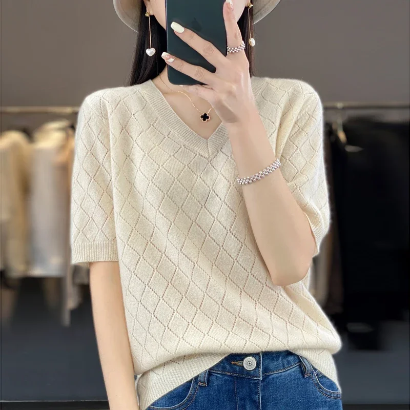 S-XXL 100% Australian wool knitted women's V-neck short sleeved sweater, loose and comfortable, thin style, new hot selling