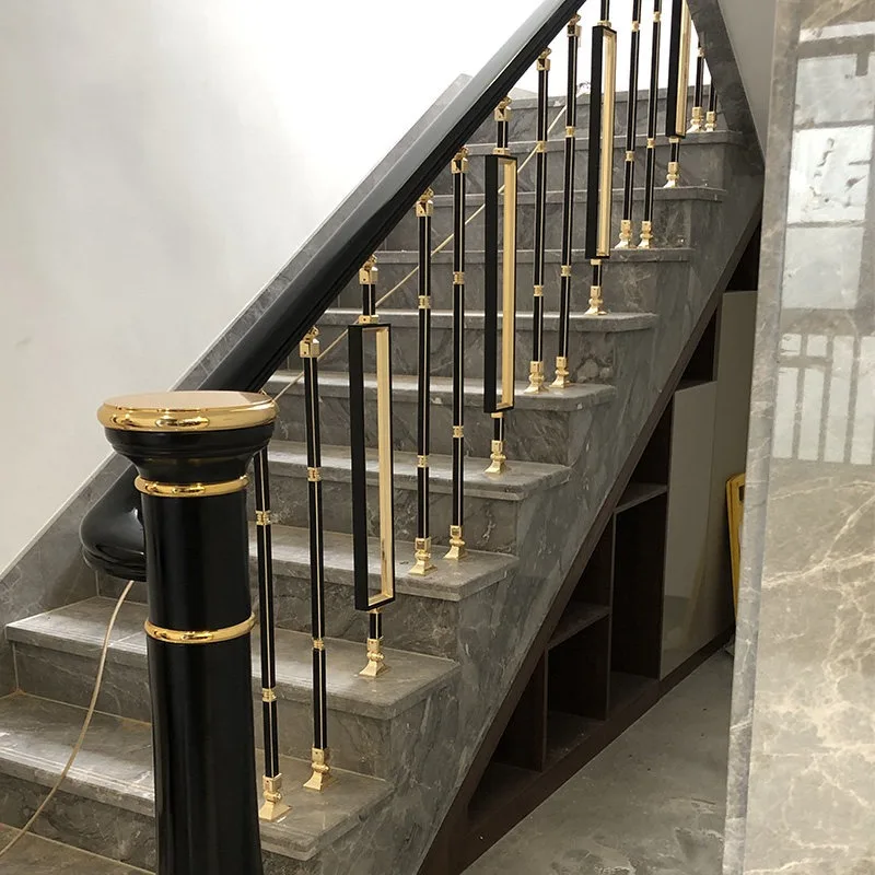 High-end villa staircase railing handrail light luxury copper art new Chinese indoor household aluminum alloy solid wood fence