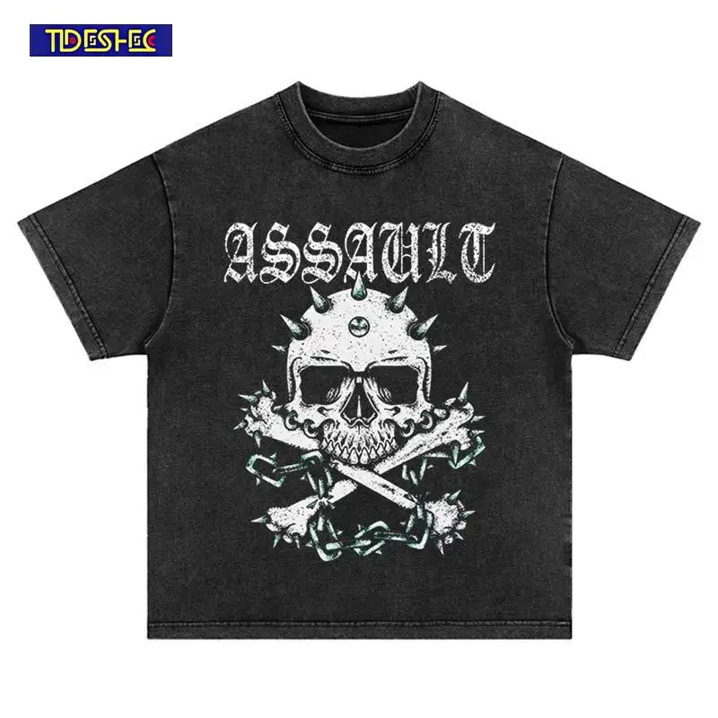 

Vintage Punk Skull Print T-Shirt Hip Hop American Style Washed Oversize Fashion Harajuku Summer Streetwear Cotton Leisure Tshirt
