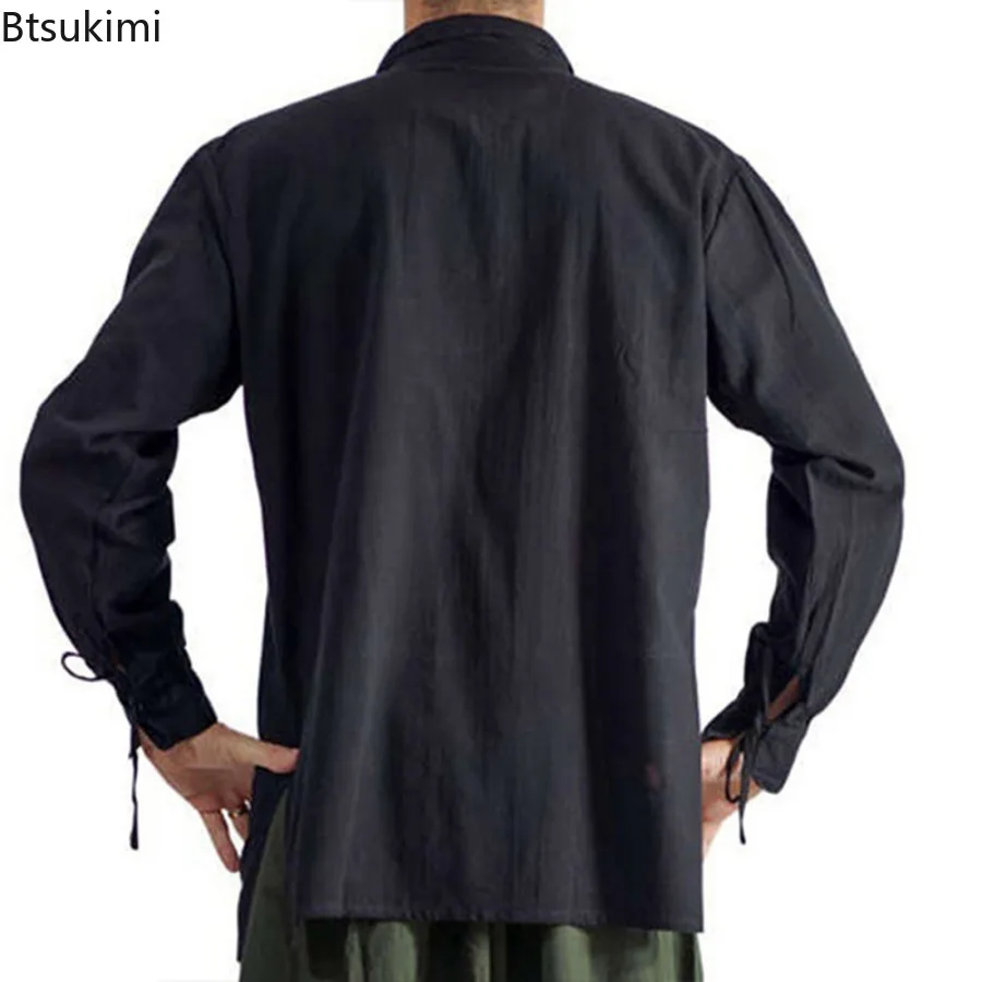 Lapel Strap Men Shirt Medieval Renaissance Cosplay Shirt Lace-up Long Sleeve Loose Fit for Adult Men's Historical Costume Men