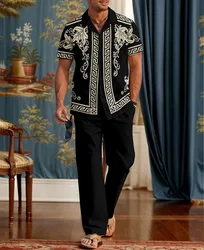2025 men's hot selling retro high street fashion short sleeved shirt gold bar summer luxurious printed casual shirt